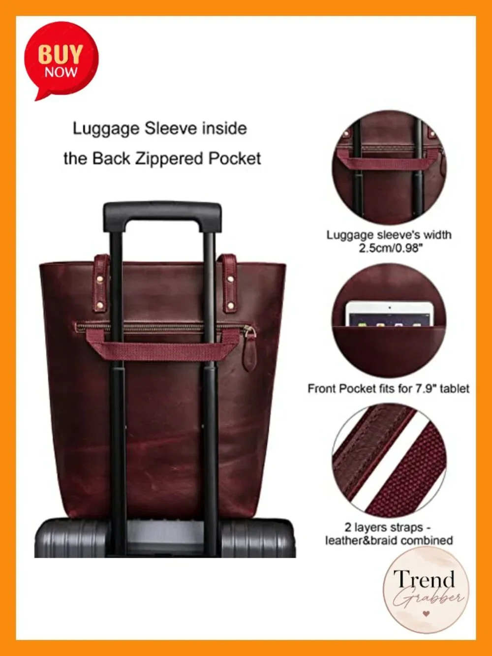 Leather Tote Bag with Padded Laptop Compartment and Luggage Sleeve